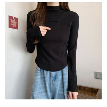 Long-Sleeve Mock Neck Plain Top - Clothing