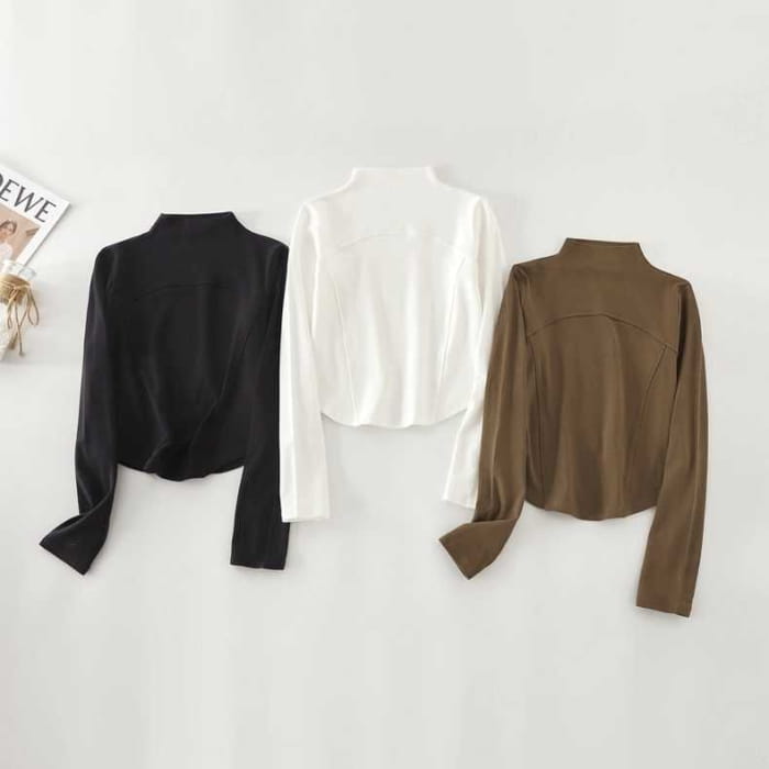 Long-Sleeve Mock Neck Plain Top - Clothing