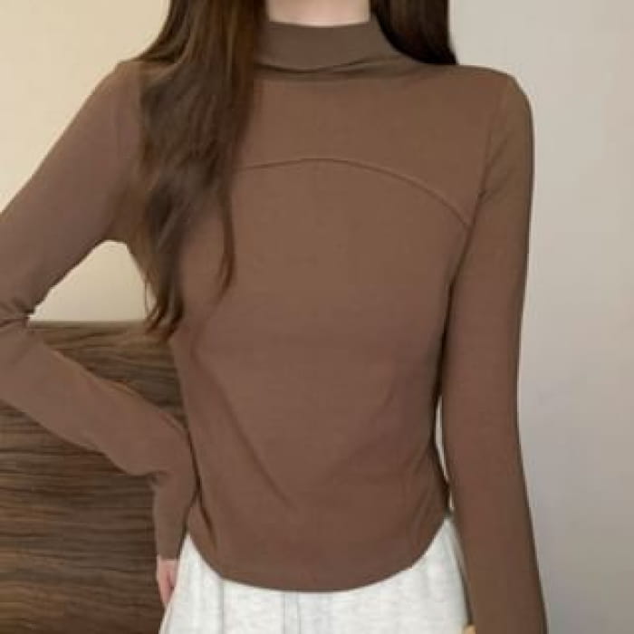 Long-Sleeve Mock Neck Plain Top - Coffee / S - Clothing