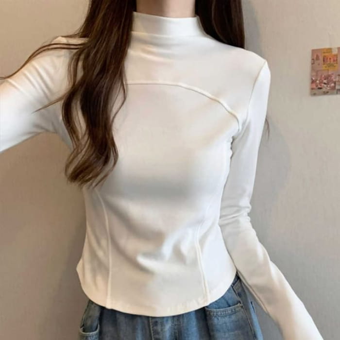 Long-Sleeve Mock Neck Plain Top - White / S - Clothing