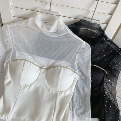 Long-Sleeve Mock Neck Rhinestone Mesh Panel Top