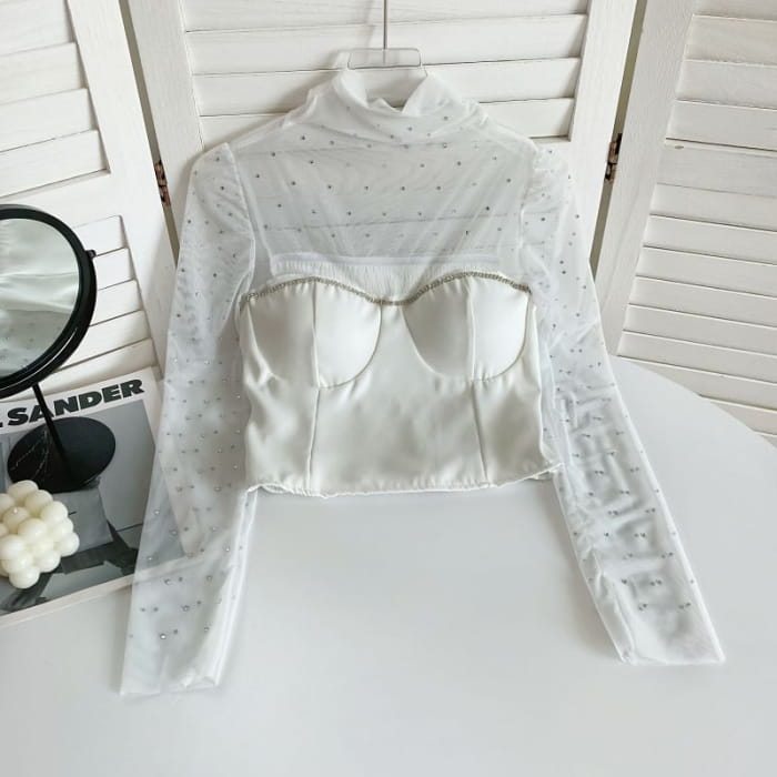 Long-Sleeve Mock Neck Rhinestone Mesh Panel Top