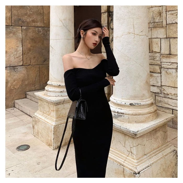 Long-Sleeve Off Shoulder Plain Backless Knit Midi Sheath