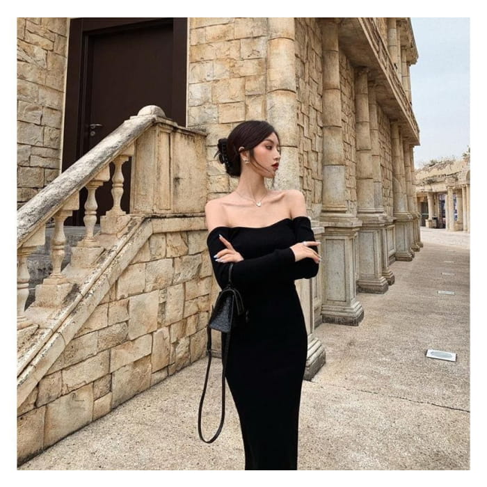 Long-Sleeve Off Shoulder Plain Backless Knit Midi Sheath