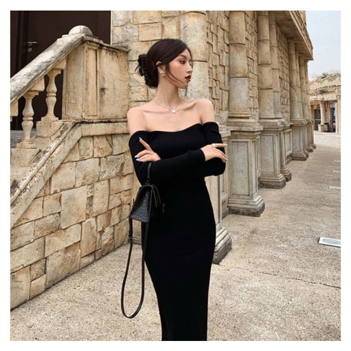 Long-Sleeve Off Shoulder Plain Backless Knit Midi Sheath