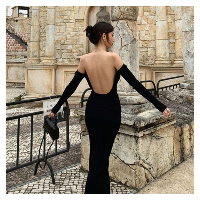 Long-Sleeve Off Shoulder Plain Backless Knit Midi Sheath