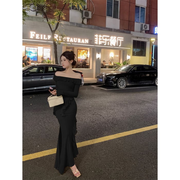 Long-Sleeve Off-Shoulder Plain Ruffle Trim Slit Maxi Sheath