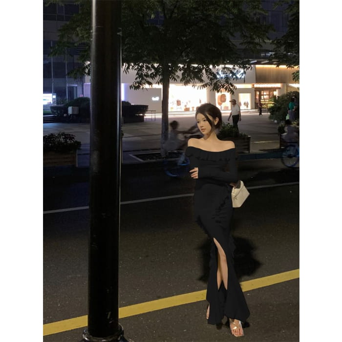 Long-Sleeve Off-Shoulder Plain Ruffle Trim Slit Maxi Sheath