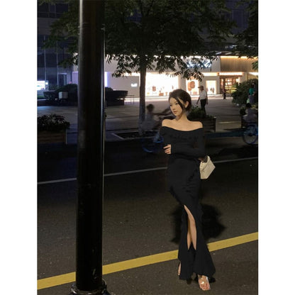 Long-Sleeve Off-Shoulder Plain Ruffle Trim Slit Maxi Sheath