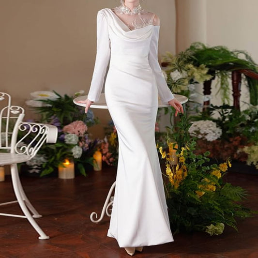 Long-Sleeve Open Back Plain Maxi Mermaid Dress