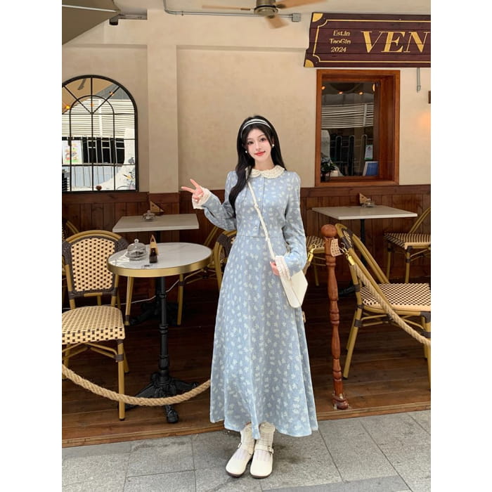 Long Sleeve Peter Pan Collar Floral Print Maxi A-Line Dress