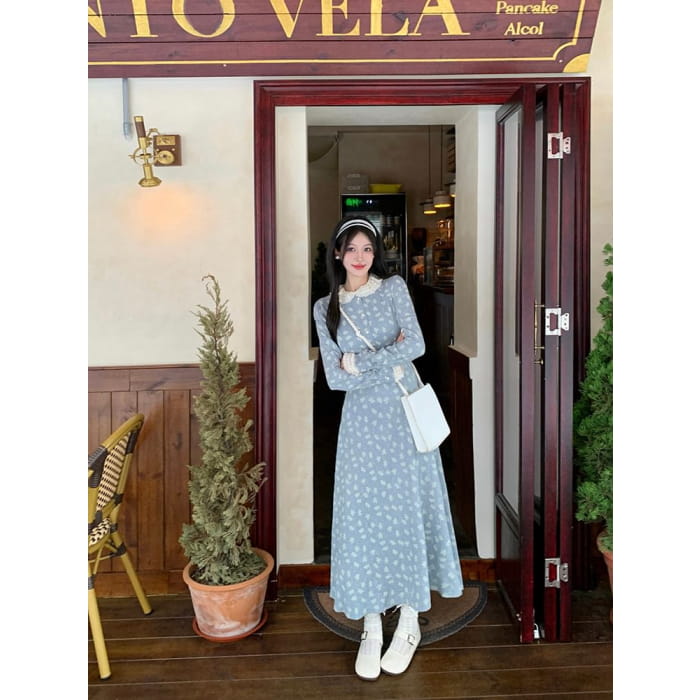 Long Sleeve Peter Pan Collar Floral Print Maxi A-Line Dress