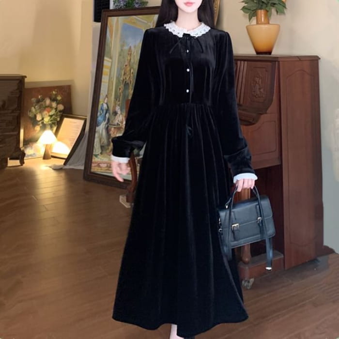 Long Sleeve Peter Pan Collar Lace Trim Velvet Midi A-Line