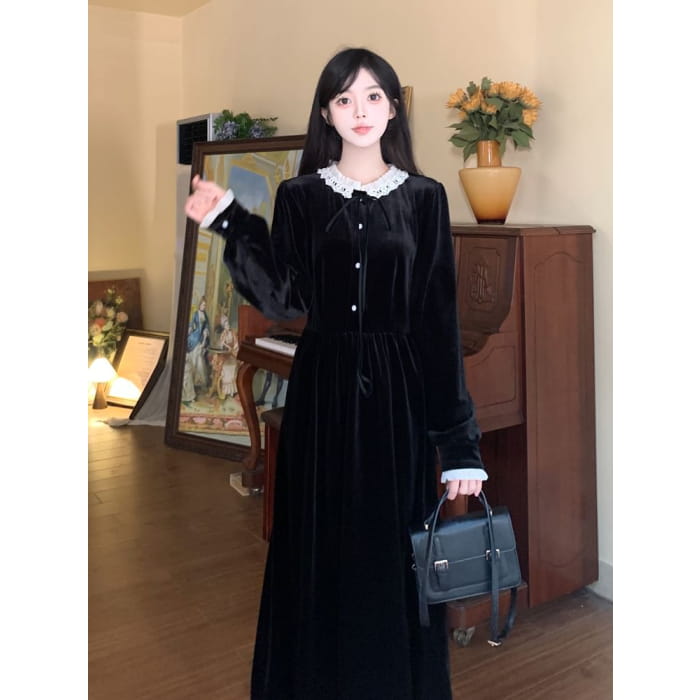 Long Sleeve Peter Pan Collar Lace Trim Velvet Midi A-Line