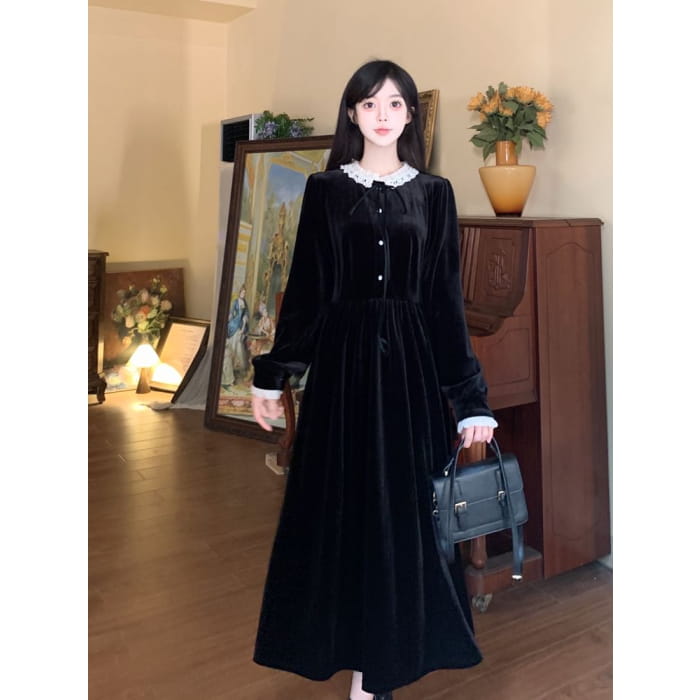 Long Sleeve Peter Pan Collar Lace Trim Velvet Midi A-Line