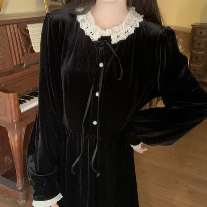 Long Sleeve Peter Pan Collar Lace Trim Velvet Midi A-Line