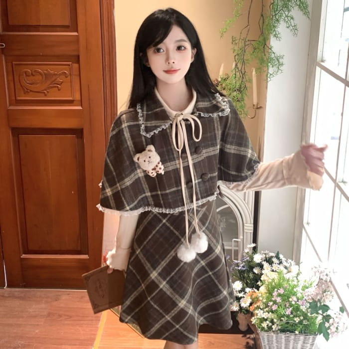 Long Sleeve Plaid Mock Two Piece A-Line Dress / Cape / Set