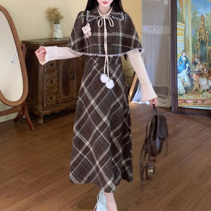 Long Sleeve Plaid Mock Two Piece A-Line Dress / Cape / Set