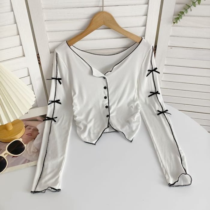 Long-Sleeve Plain Asymmetrical Bow Tee - White / One Size