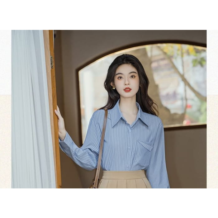 Long-Sleeve Plain Crop Top / Striped Shirt / High Waist