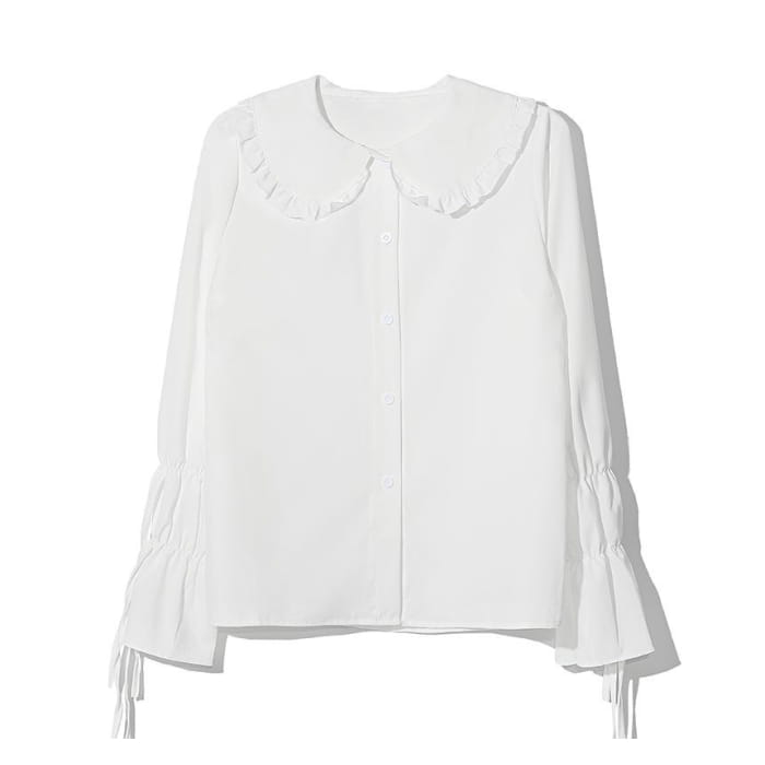 Long-Sleeve Plain Frill Trim Blouse