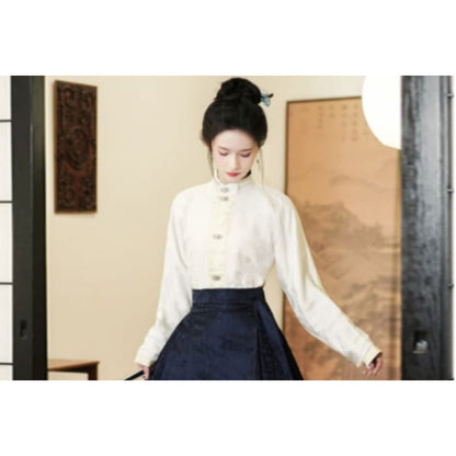 Long-Sleeve Plain Hanfu Top / High Waist Floral Maxi Ma