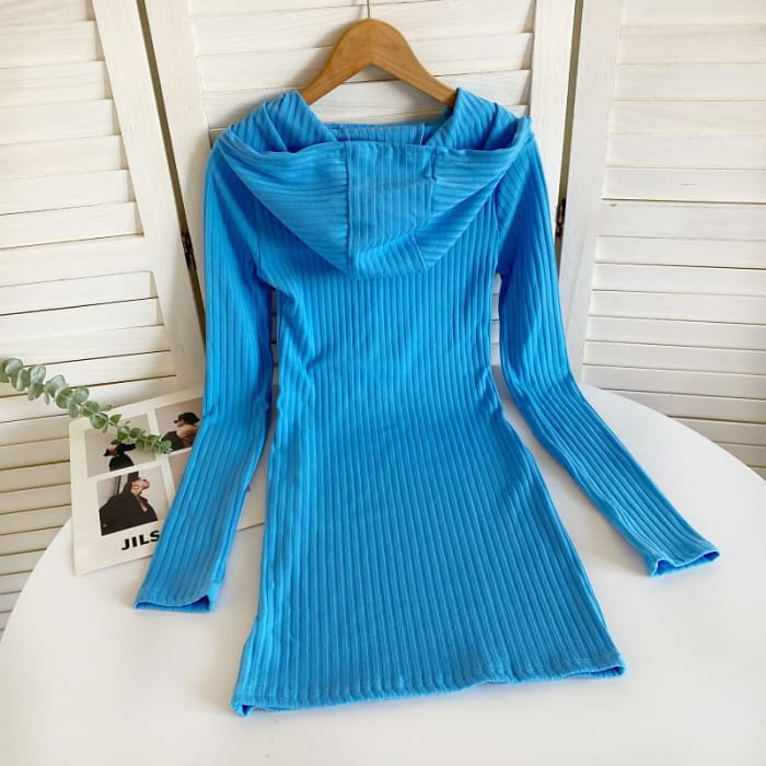 Long-Sleeve Plain Hooded Knit Sheath Dress