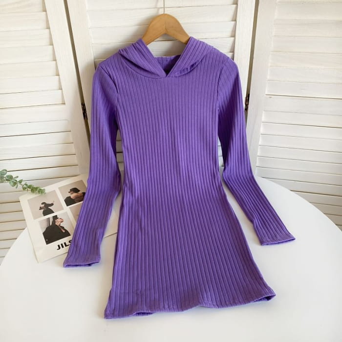 Long-Sleeve Plain Hooded Knit Sheath Dress