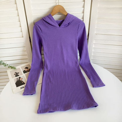 Long-Sleeve Plain Hooded Knit Sheath Dress