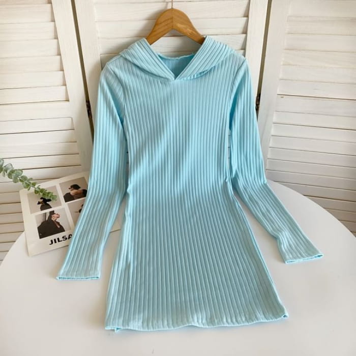 Long-Sleeve Plain Hooded Knit Sheath Dress - Light Blue