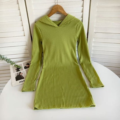 Long-Sleeve Plain Hooded Knit Sheath Dress - Neon Green