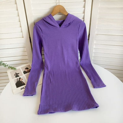 Long-Sleeve Plain Hooded Knit Sheath Dress - Purple