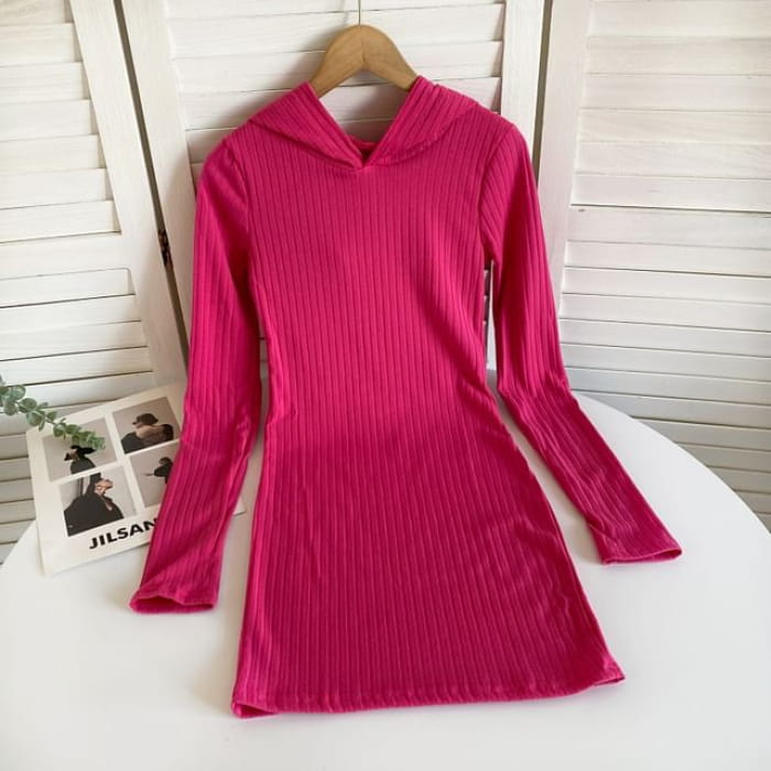 Long-Sleeve Plain Hooded Knit Sheath Dress - Rose Pink