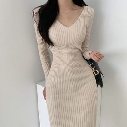 Long-Sleeve Plain Knit Sheath Dress - Almond / One Size