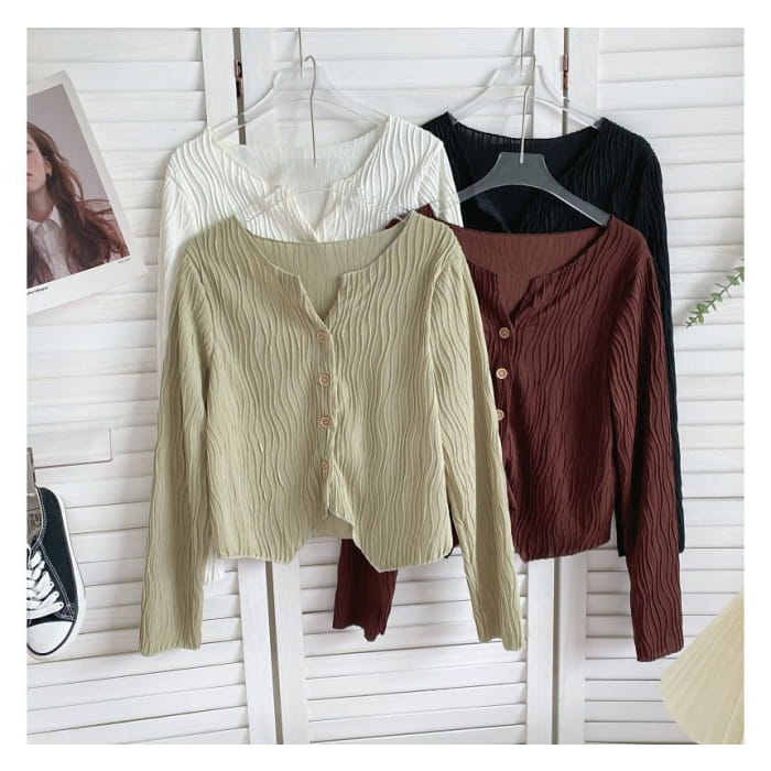 Long-Sleeve Plain Shirred Button-Up Blouse