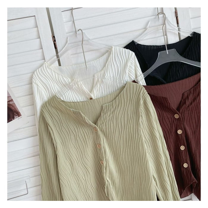 Long-Sleeve Plain Shirred Button-Up Blouse