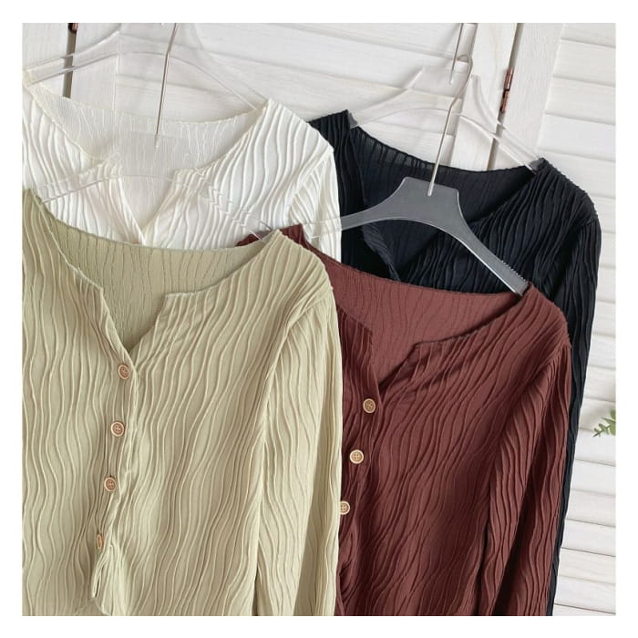 Long-Sleeve Plain Shirred Button-Up Blouse