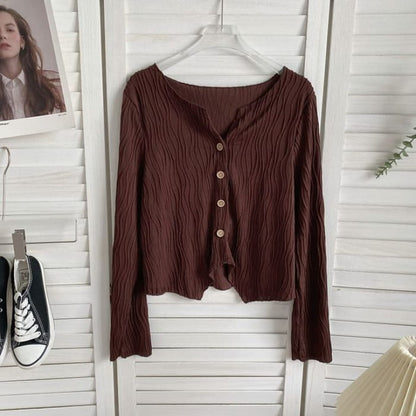 Long-Sleeve Plain Shirred Button-Up Blouse - Dark Brown