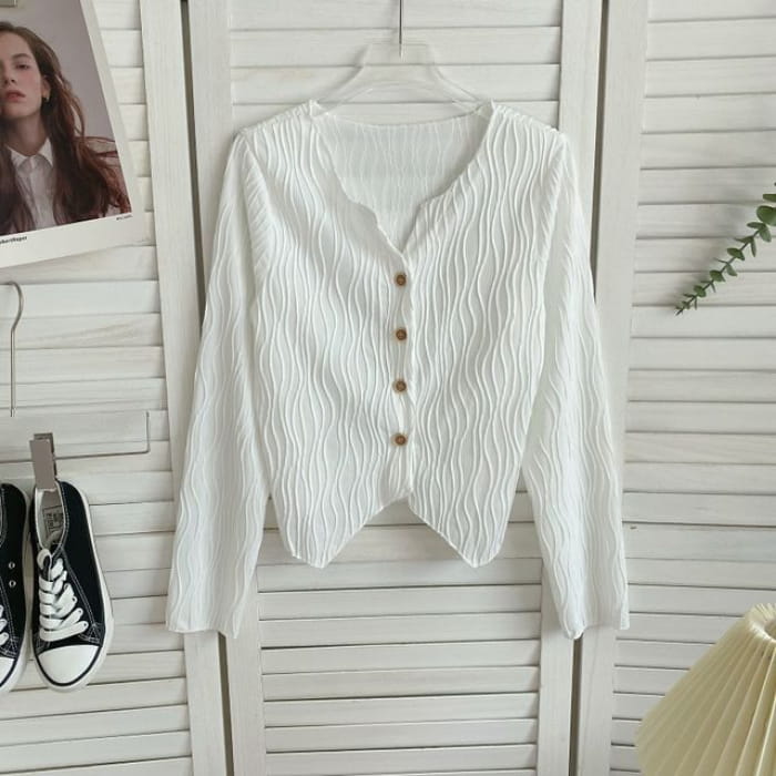 Long-Sleeve Plain Shirred Button-Up Blouse - White