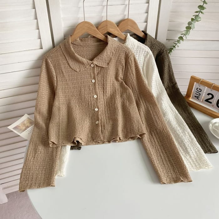 Long-Sleeve Plain Shirred Button-Up Shirt