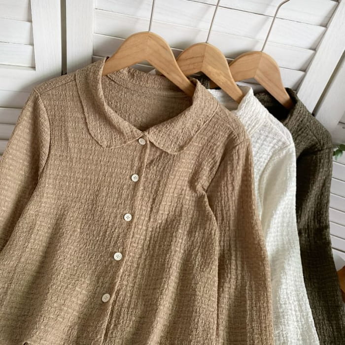 Long-Sleeve Plain Shirred Button-Up Shirt