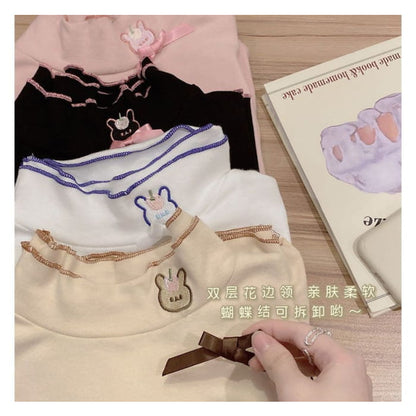 Long-Sleeve Rabbit Embroidered Lettuce Edge Tee