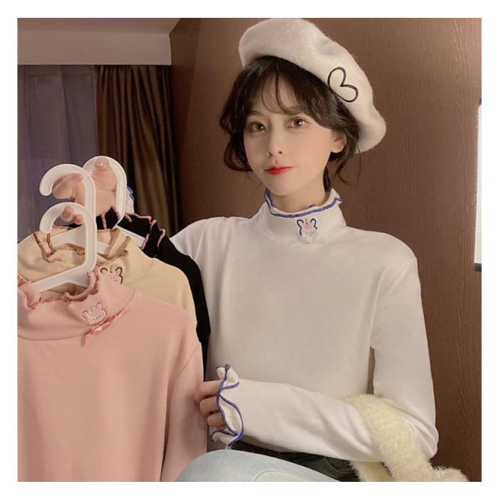 Long-Sleeve Rabbit Embroidered Lettuce Edge Tee