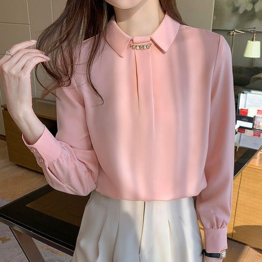 Long Sleeve Rhinestone Satin Blouse