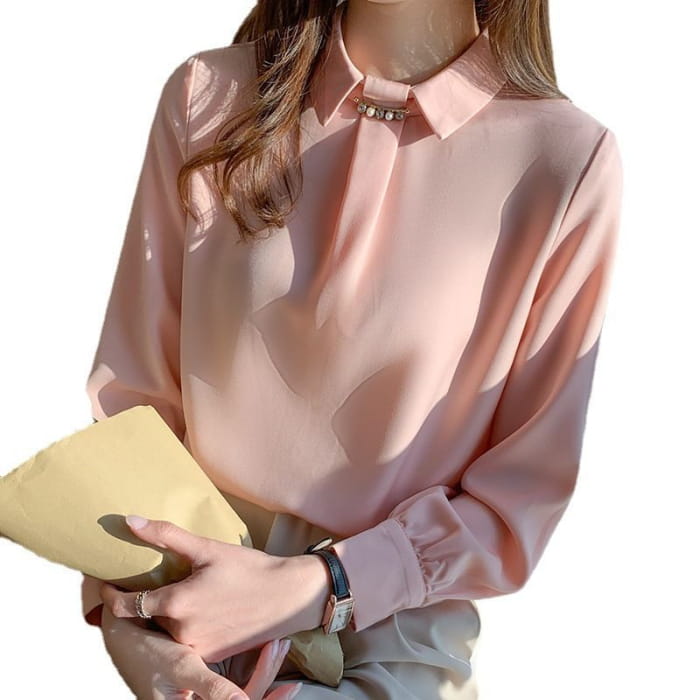 Long Sleeve Rhinestone Satin Blouse