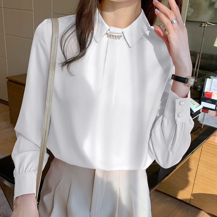 Long Sleeve Rhinestone Satin Blouse