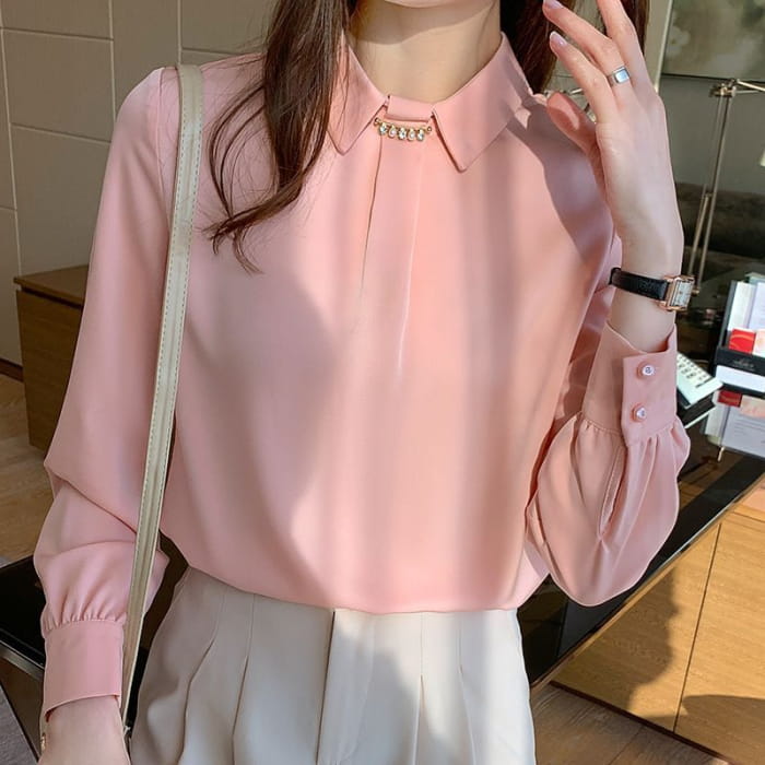 Long Sleeve Rhinestone Satin Blouse