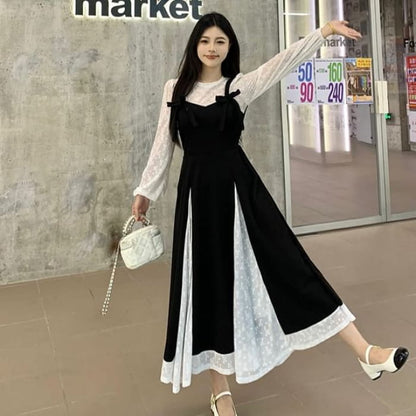 Long Sleeve Round Neck Lace Panel Patchwork Midi A-Line