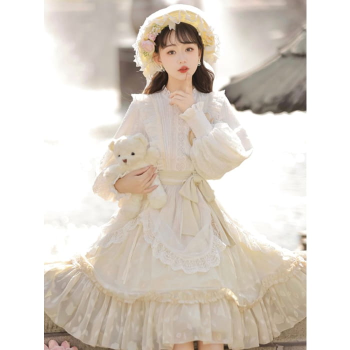 Long-Sleeve Round Neck Lolita Floral Applique Bow Ruffle