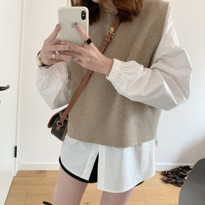 Long Sleeve Round Neck Plain Blouse / Knit Vest